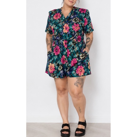 Jacque & Koko Pants - Jacque & Koko Vintage 90s Floral Romper Plus Size 18/20 Tropical Rayon Teal Pink
